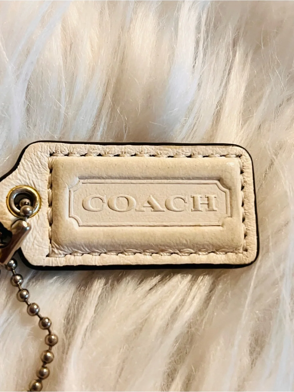 Coach Cream Leather Logo Tag Keychain